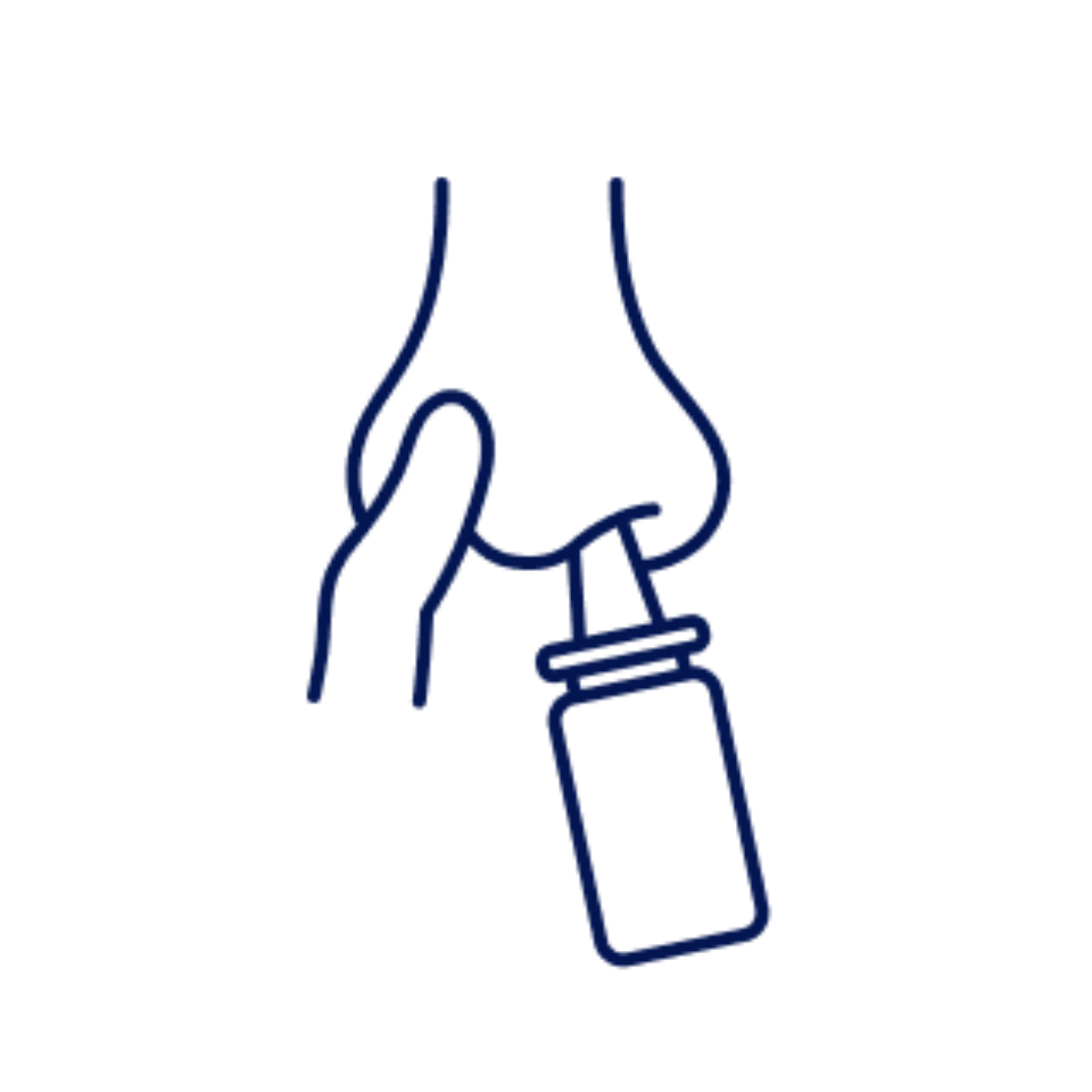 Step 3 icon: a finger blocks one side of nostril, and spray bottle is inserted into the other nostril